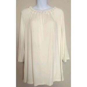 Bradley Bayou Women Cream Pearl Embellish Neckline 3/4‎ Sleeve Top Size L